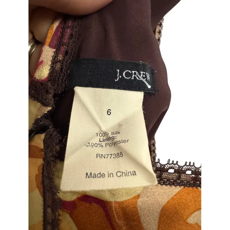 J. Crew Floral Satin Dress Size 6‎ Silk Brown Yellow Pink V-Neck - Image 6