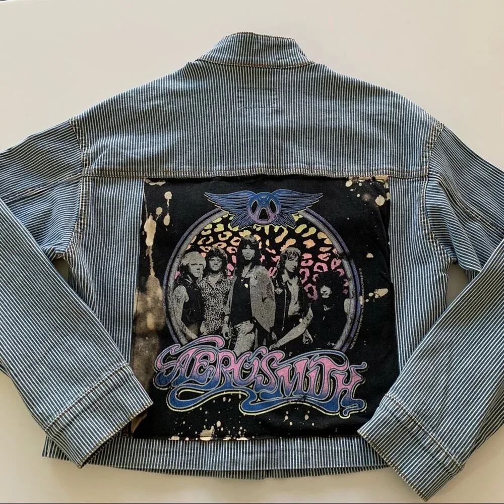 Via Penny Lane Reworked Apparel | Aerosmith Graphic Denim Jacket XS Blue - Image 9