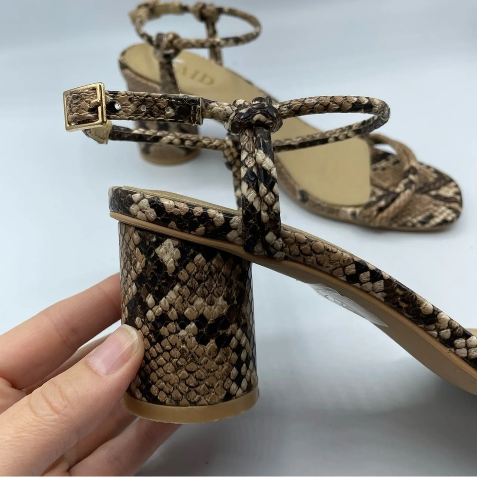 Raid Beige Snake Embossed Square Toe Chunky Heel Sandals Womens 36 Faux Leather - Image 2