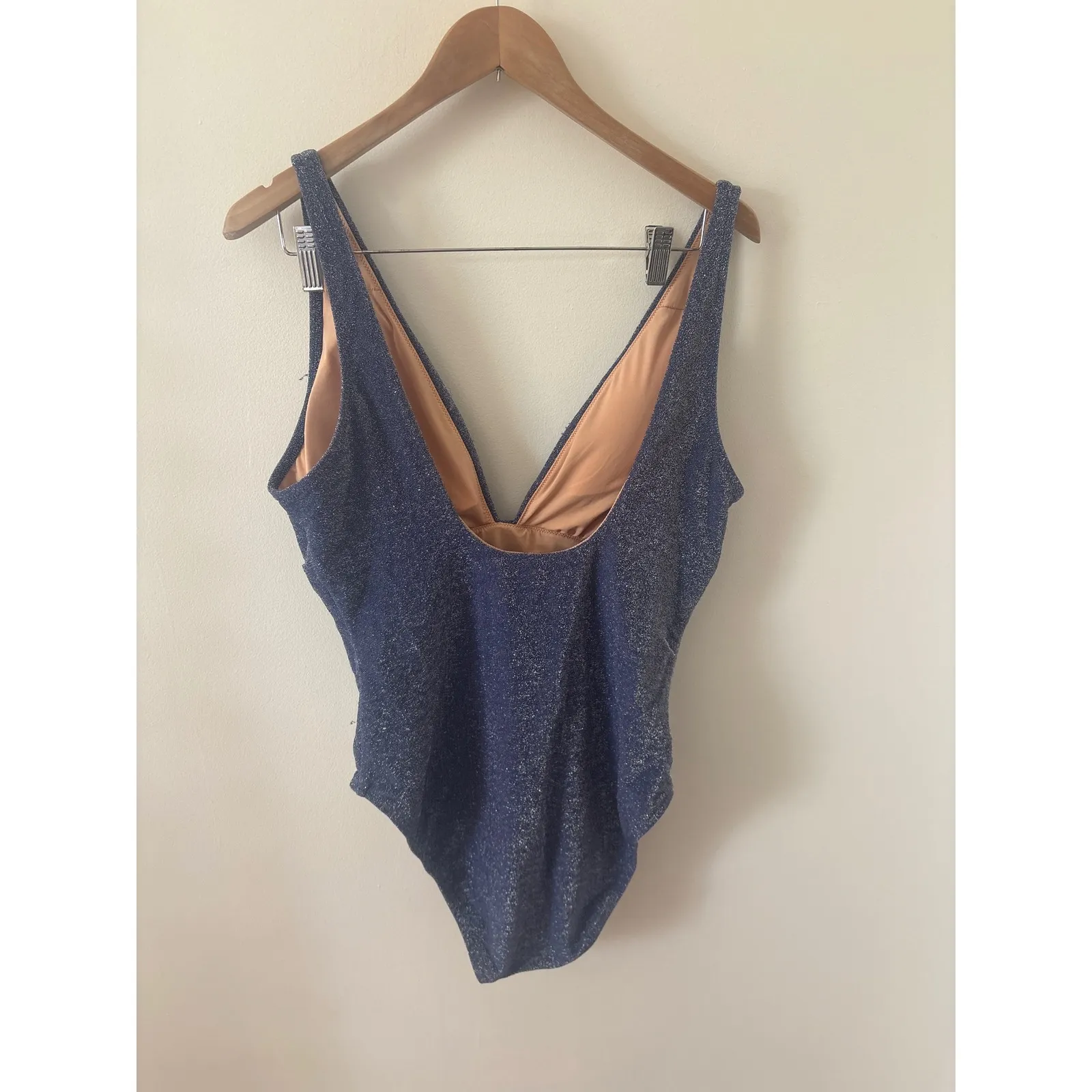 J Crew One Piece Swimsuit Deep V Neck Metallic Sparkle Blue Womens XL - Image 2
