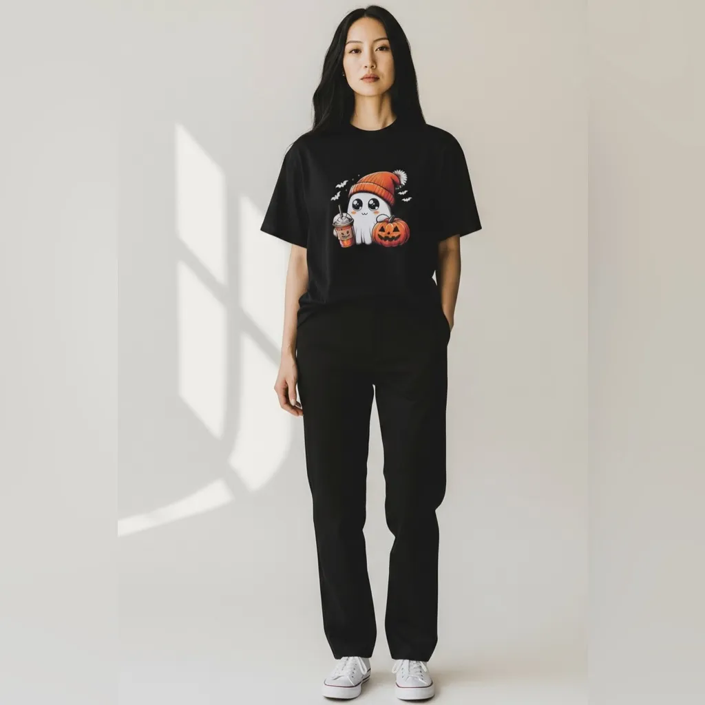 Pumpkin Boo Spice Black Short Sleeve Tee Shirt. Adorable Little Ghost & Pumpkins Size M - Image 4