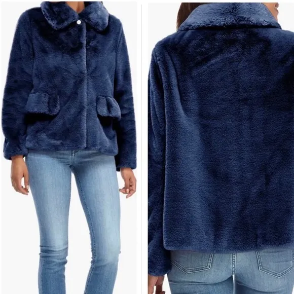 Gal Meets Glam Collection Reese Faux Fur Jacket Navy - Image 2