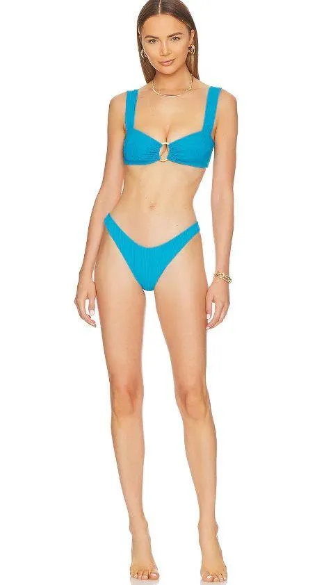 L*Space Cabana Bitsy Bikini Bottom Bright Blue Ribbed High Cut Cheeky NEW XS - Image 4