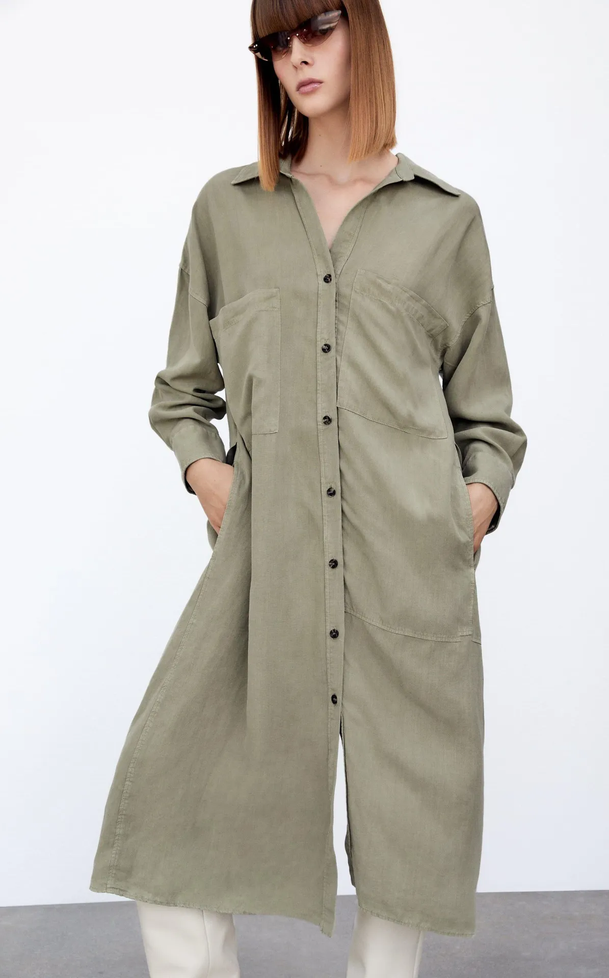 ZARA Green Linen Blend Shirt Dress with Pockets Size M - Image 5