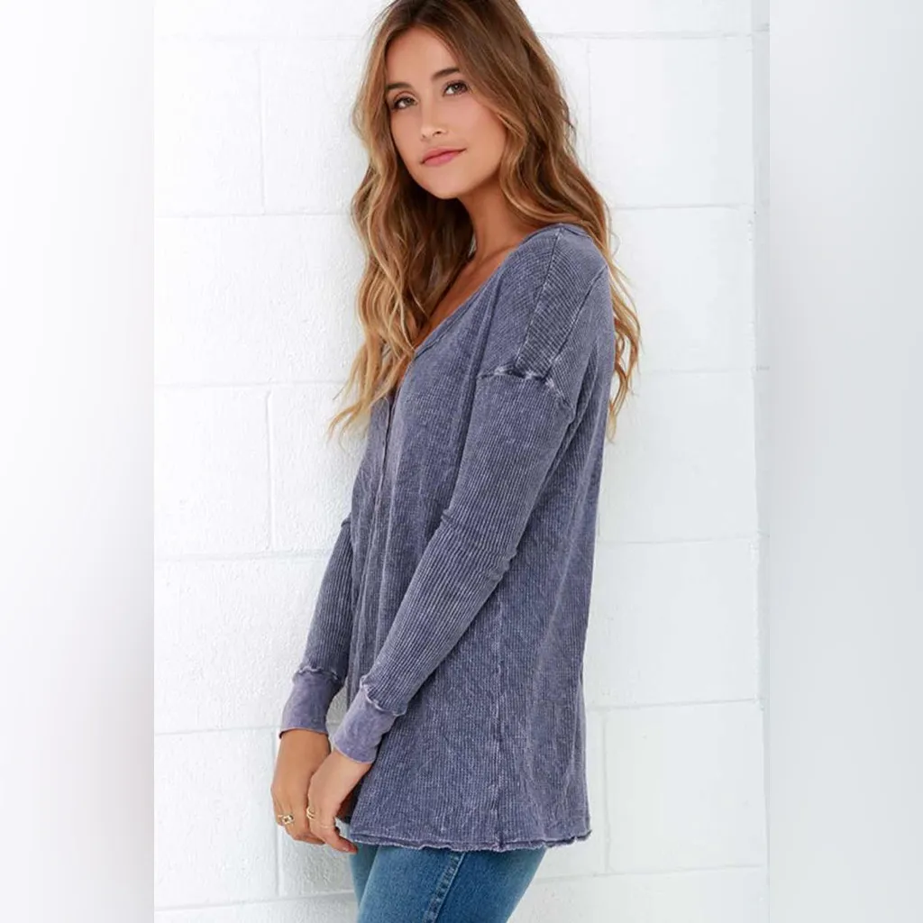Project Social T Thermal Henley Long Sleeve Top – Women’s Small - Washed Blue - Image 3