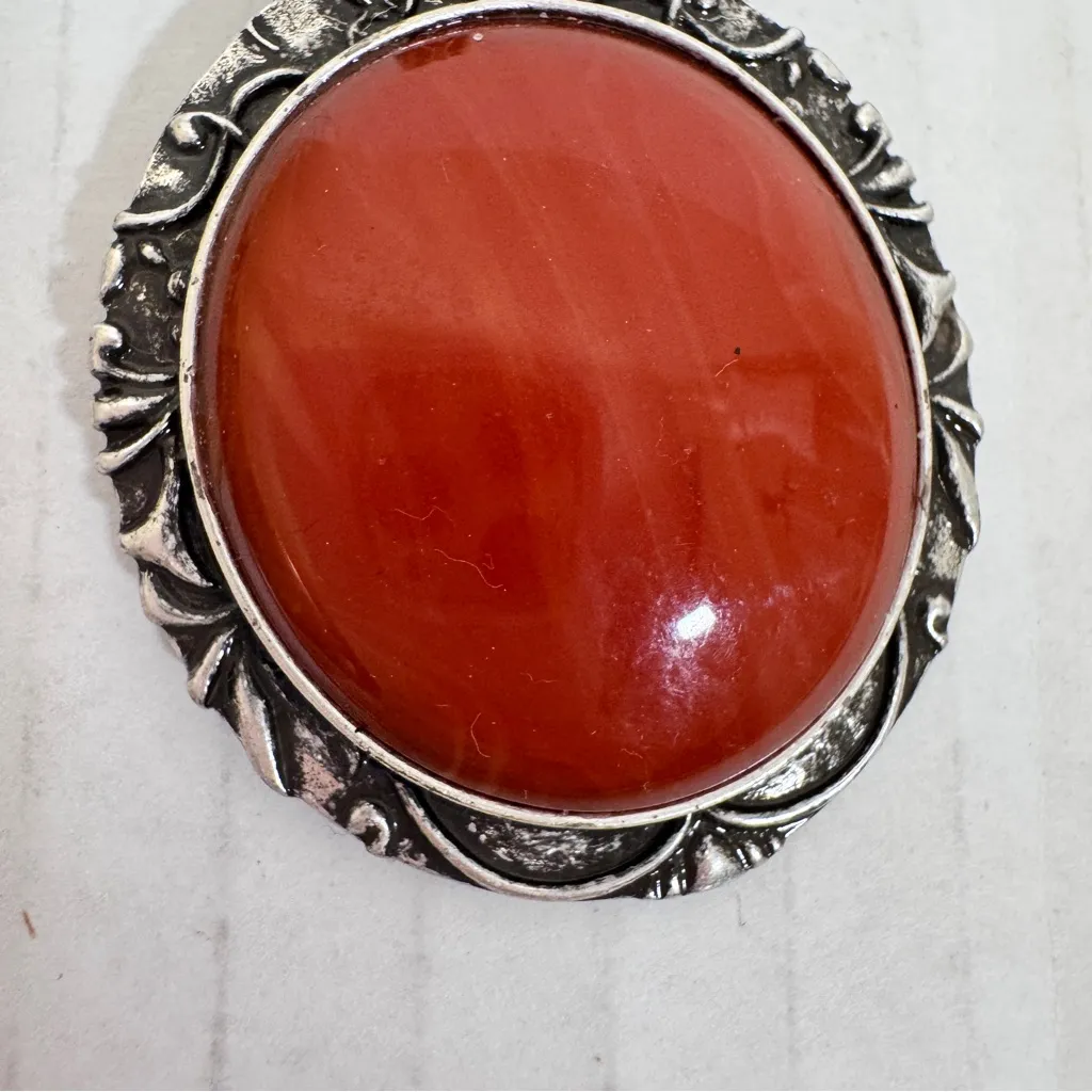 Vintage Silver Tone Carnelian Cabochon Stone Pendant Necklace Womens Estate - Image 5