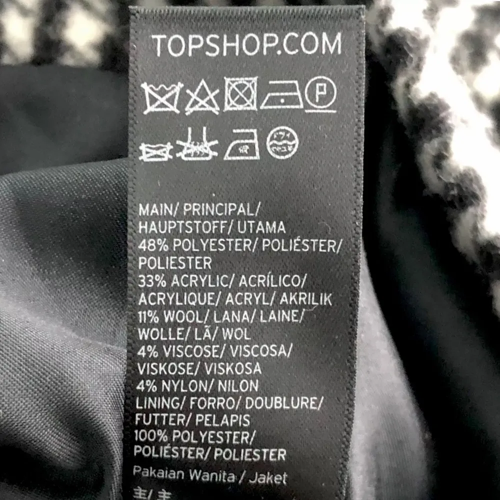 TOPSHOP B/W Houndstooth Wool Blend Pea Coat w Belted Collar & Hem Zipper Pockets - Image 5