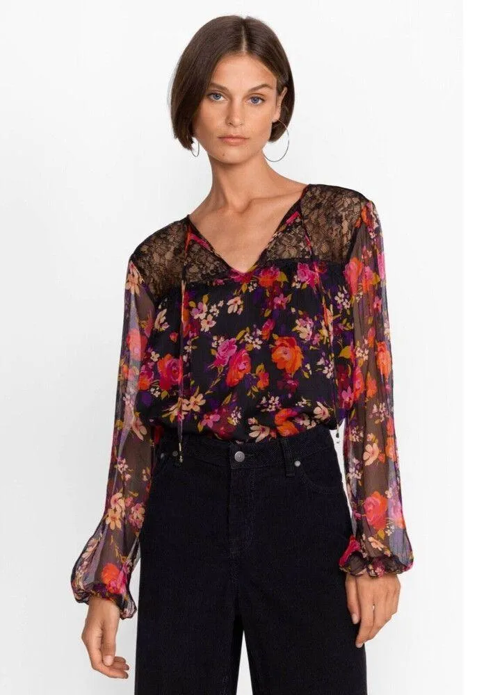 Johnny Was Black Floral Lace Blouse Sheer Long Sleeve Bohemian Peasant Top Small - Image 2