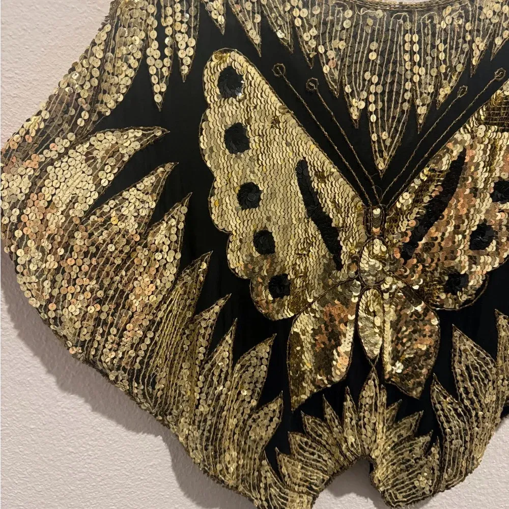 Vintage Women’s Exclusive Black and Gold Sequin Butterfly Top Size M‎ Size M - Image 6