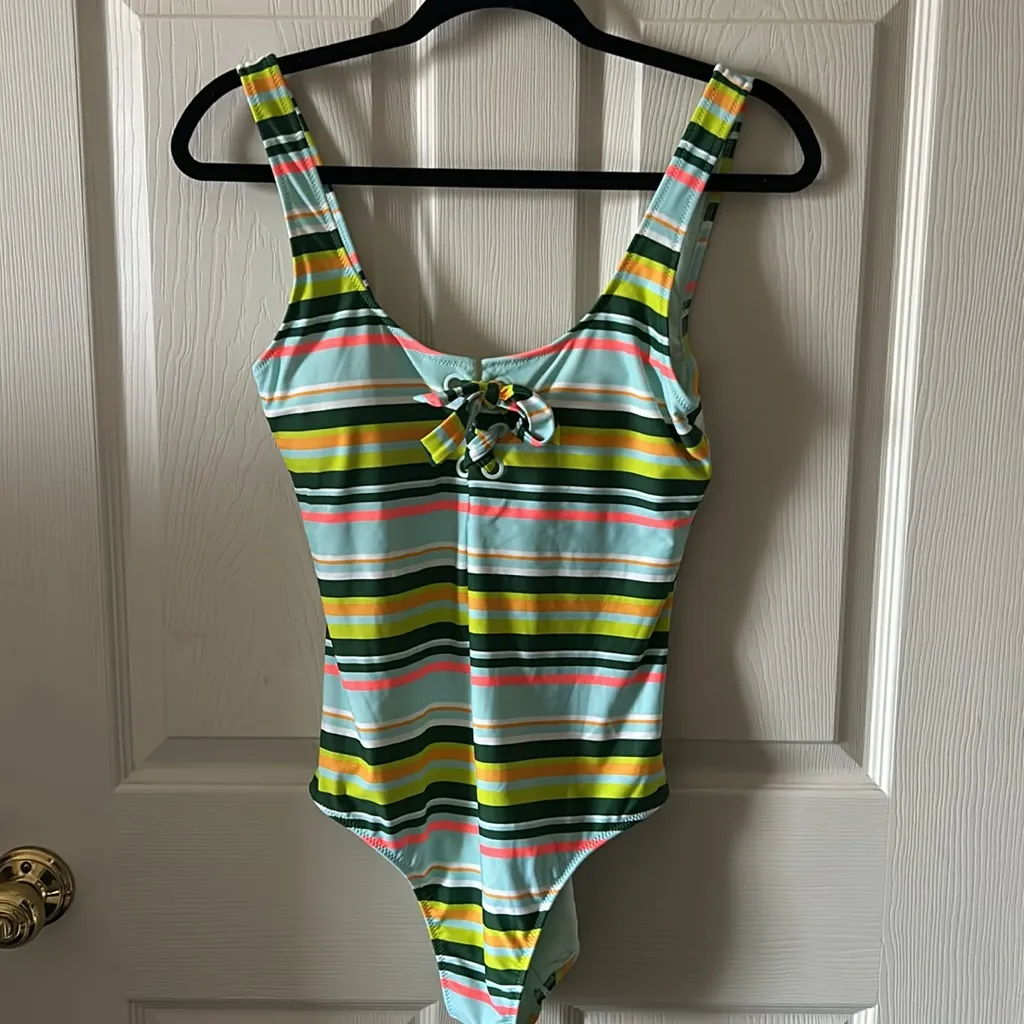 AERIE Women’s Striped‎ One Piece Tie Front One Piece Bathing Suit Sz Large - Image 5