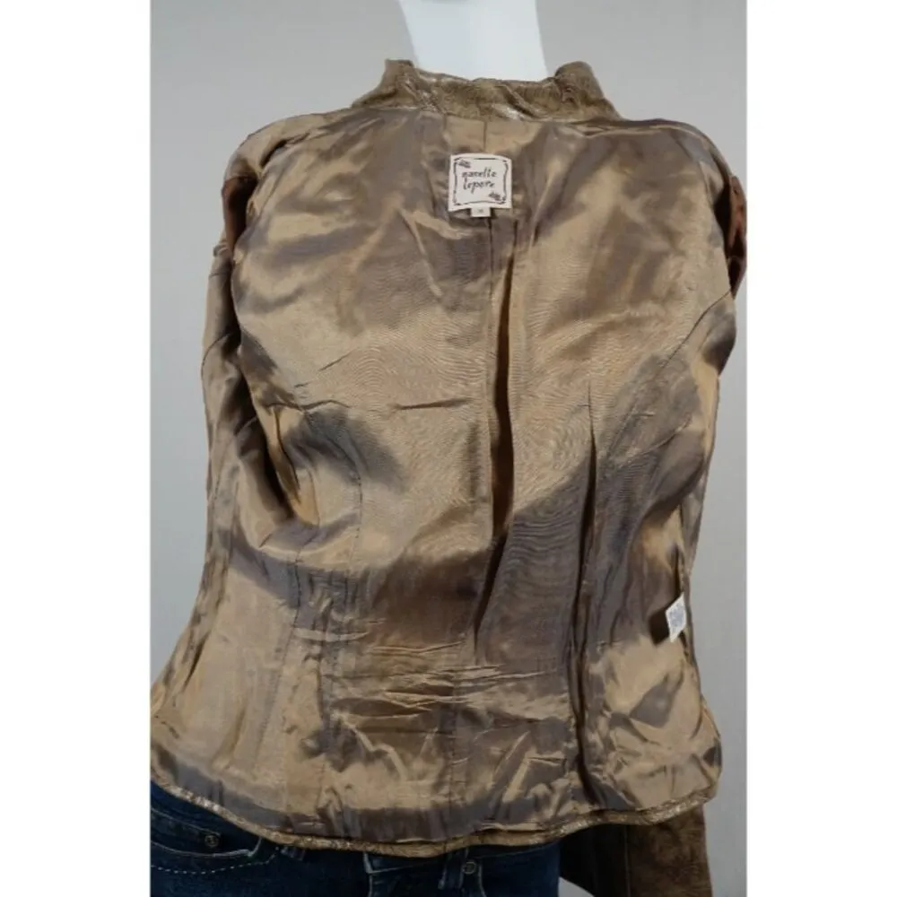 Nanette Lepore Western Gold Tan Stamped Floral Pleather Jacket Size 10 - Image 6