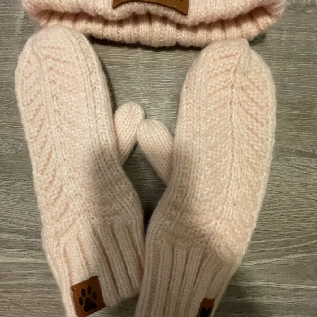 Women's Dog Mom Beanie and Gloves Set Winter Hat Knit Cap Dog Lover One Size Pink - Image 2