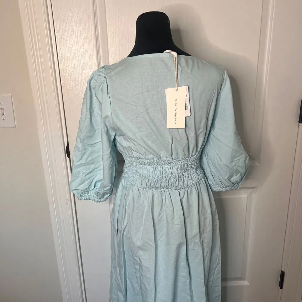 Commense Cotton Linen Twist‎ Tunic Midi Dress Light Blue Short Puffed Sleeve NWT Size M - Image 11