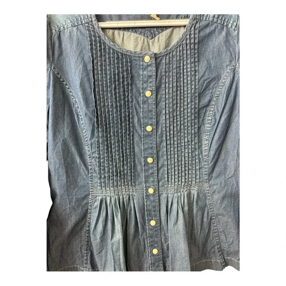 Lucky Brand Denim Longsleeve Ruffled Cotton Western‎ Style Top Pearl Buttons S - Image 3