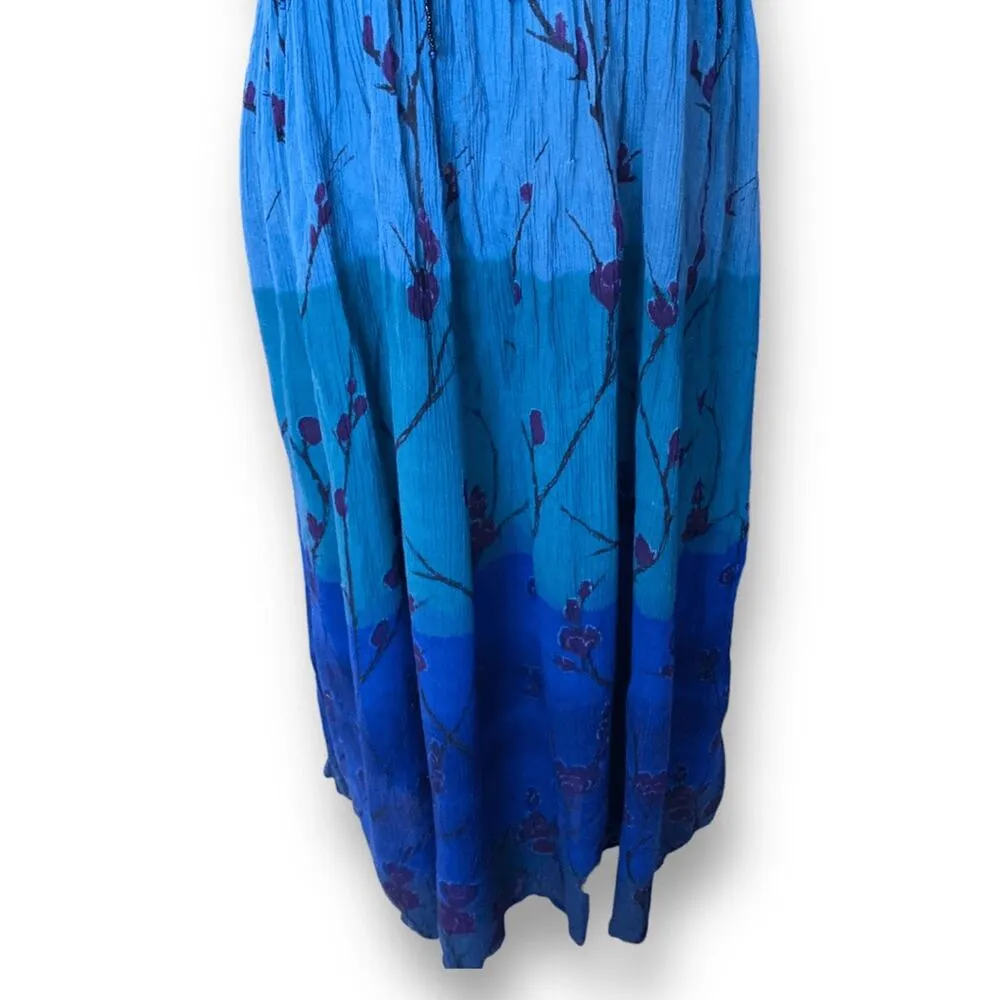 Vintage 90s Ombre Blue Floral Crinkle Dress Short Sleeve Maxi Boho Festival Size M - Image 2