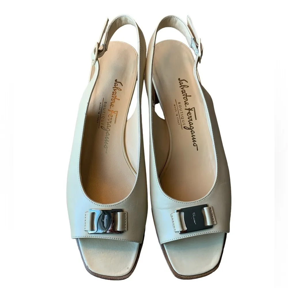 Salvatore Ferragamo | Salvatore Ferragamo Neutrals Leather Slingback Heels - Image 3