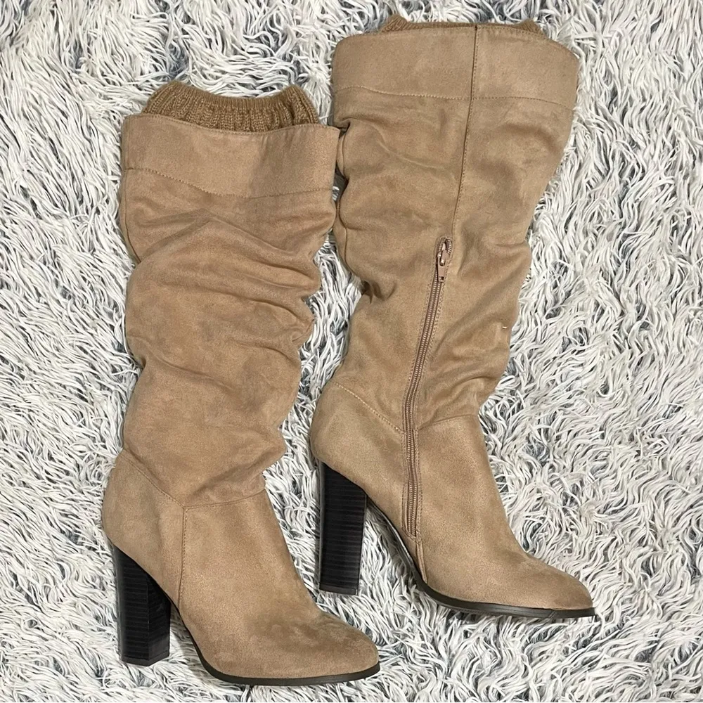 suede ruched tan tall heel boots sweater cuffs women Size 10 - Image 10