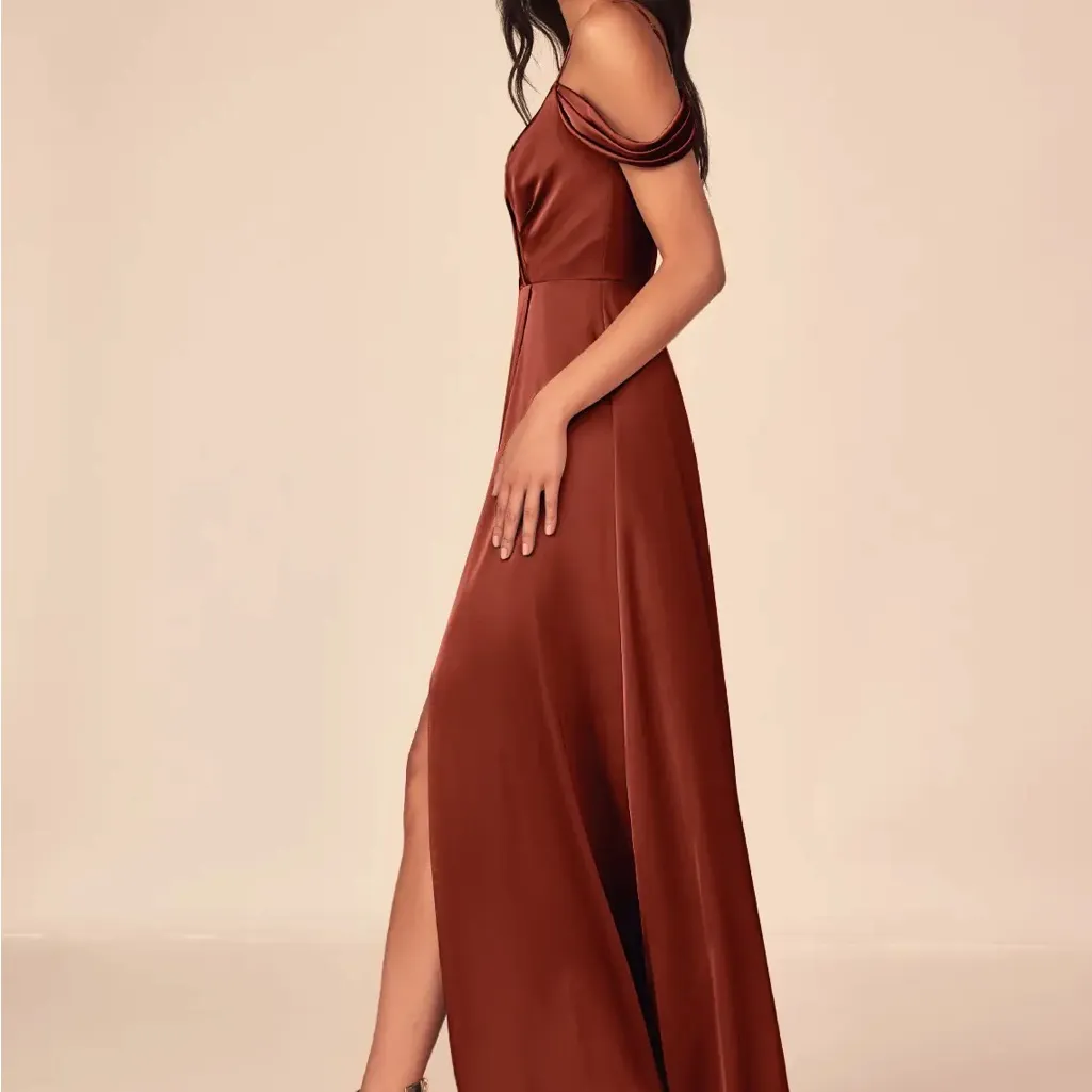 AZAZIE OCEAN Stretch Terracotta A-Line V-Neck Satin Dress size 2 (NWT) - Image 3