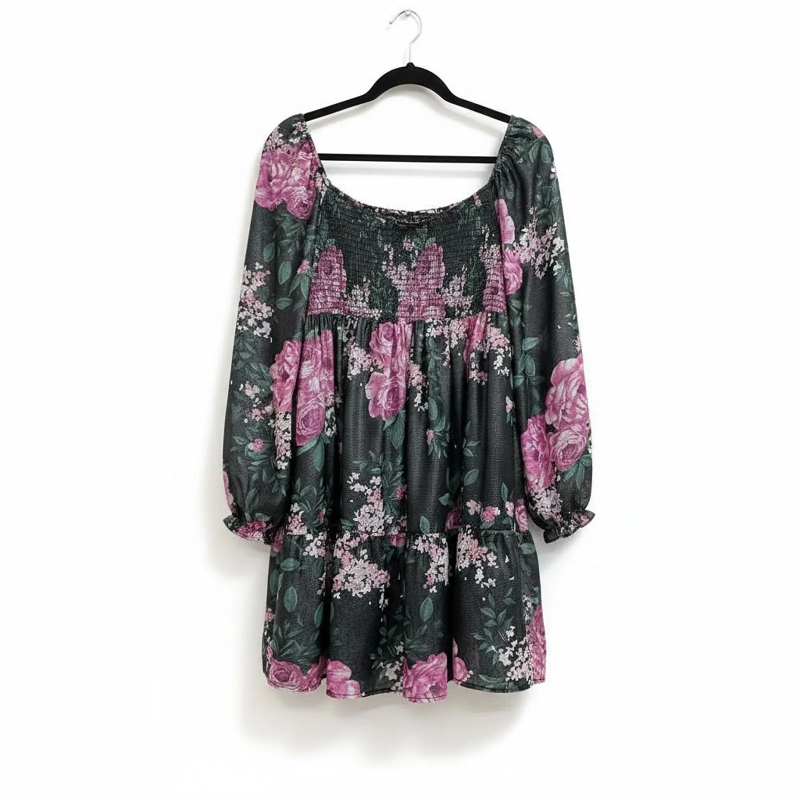 Crystal Doll Floral Babydoll Dress XL Smocked Square Neck Long Sleeve Boho - Image 9