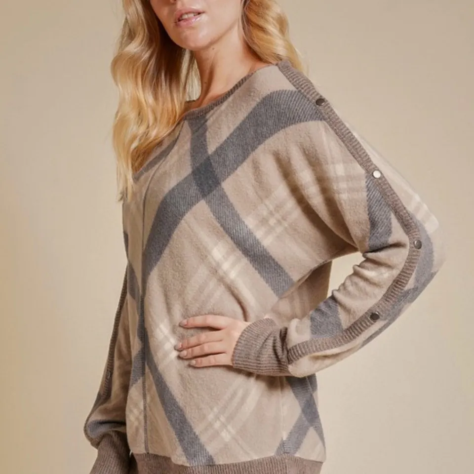 Boat Neck Snap Button Down Check
Print Brushed Top - Image 2