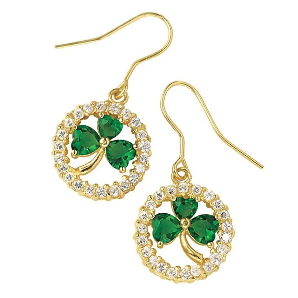 Goldplated CZ Emerald Green Crystal Glass Shamrock Lucky Clover Leaf Earrings - Image 3