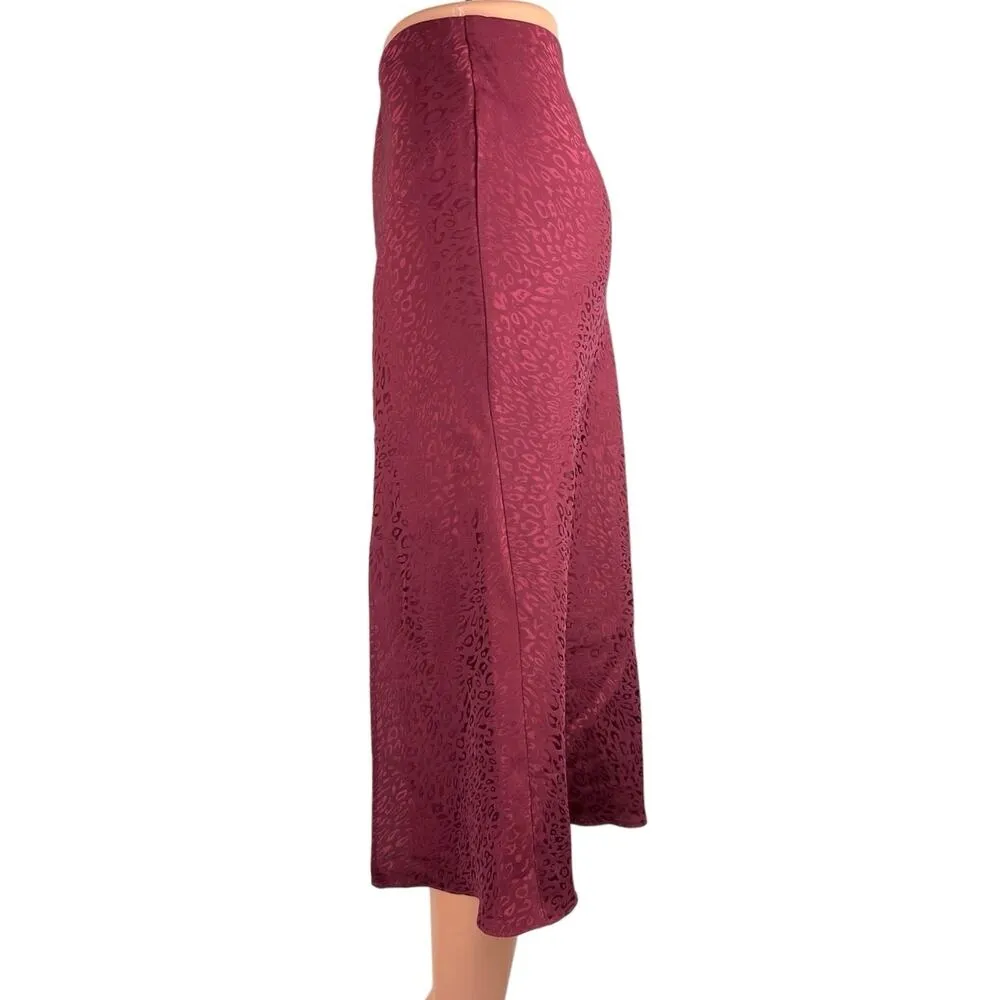 Socialite Red Silk Satin Leopard Print Flare Side Slit A-Line Slip Skirt Size M - Image 2