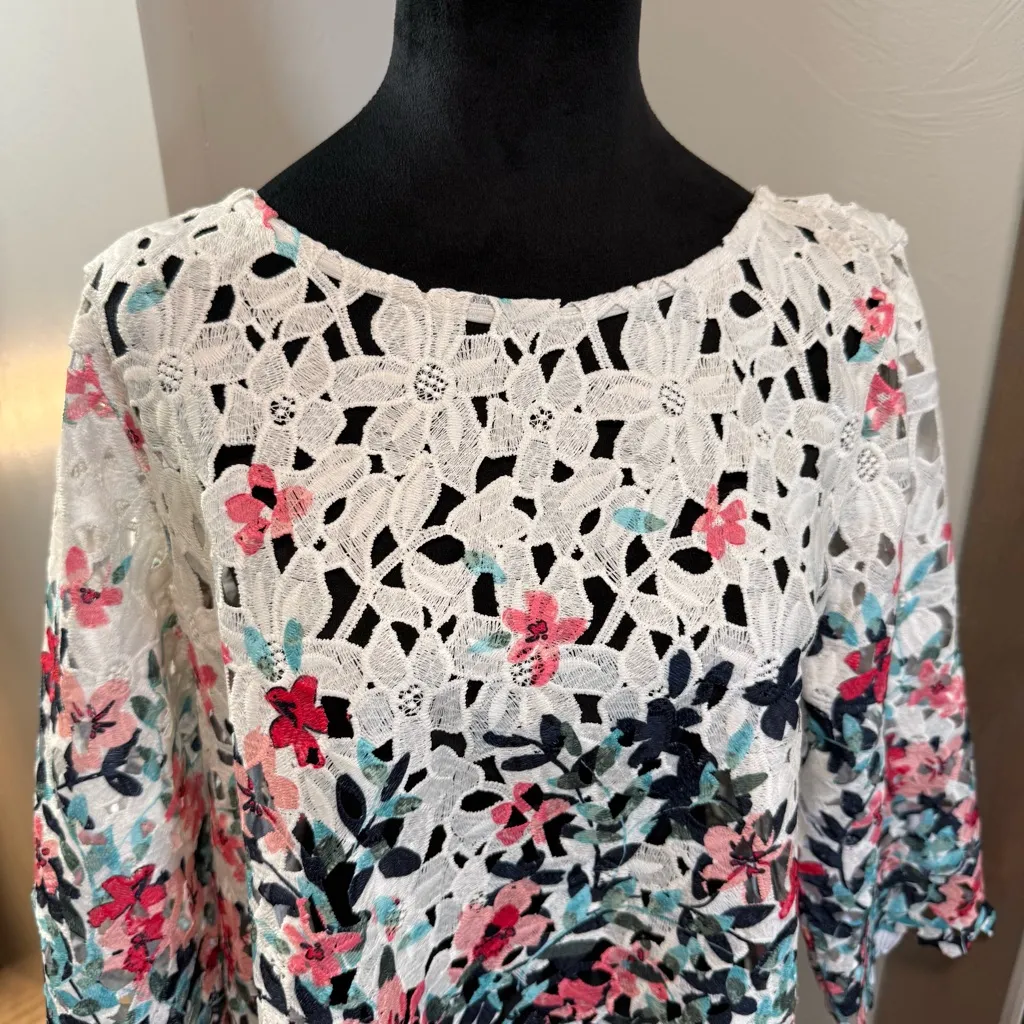 Charter Club Lace Floral 3/4 Length Sleeve Blouse White‎ Pink Blue Eyelet Spring - Image 2