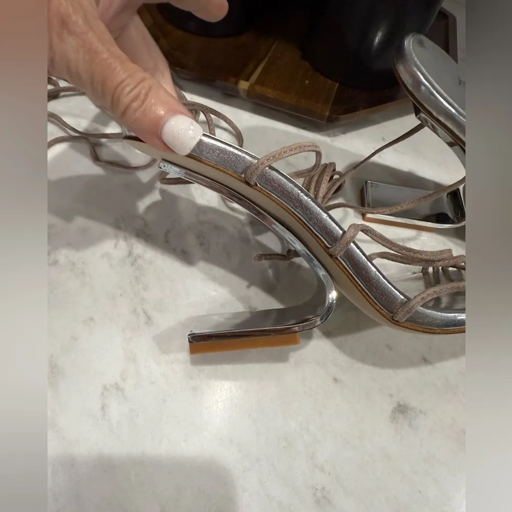 New! Jeffrey Campbell Bijoux Ankle Tie Wedge Sandal Taupe Suede Silver Sz 7 $170 - Image 7