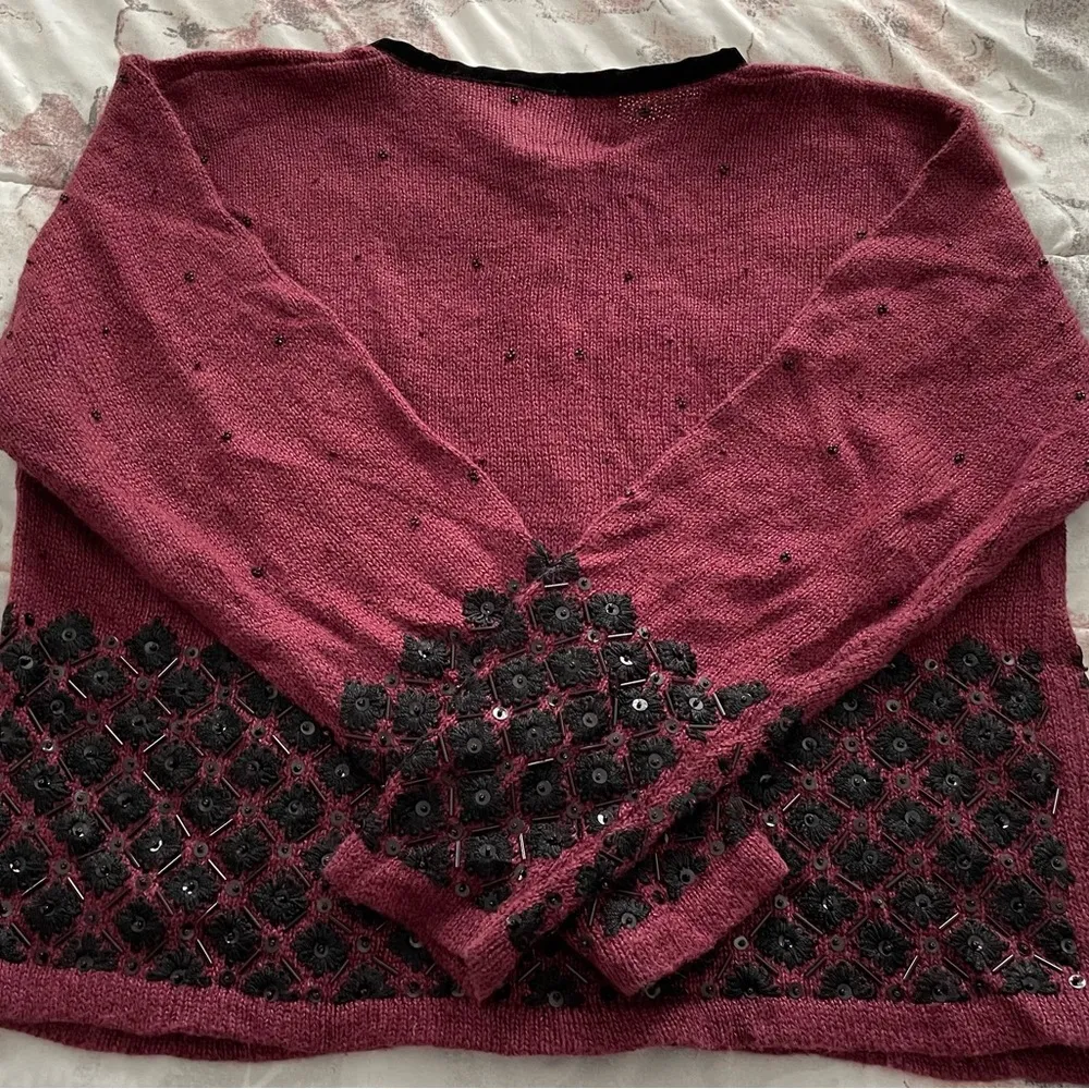 Vintage Curio maroon black boho floral embroidered beaded cardigan, size S Red - Image 8