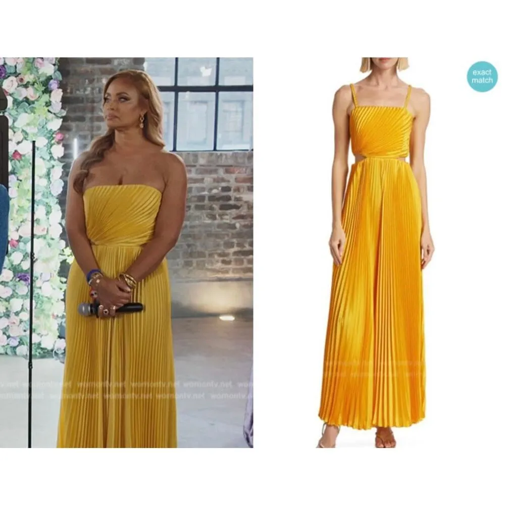 NEW Alice + Olivia Powell Pleated Cutout Satin Wide Leg Golden Jumpsuit size 0 - Image 3