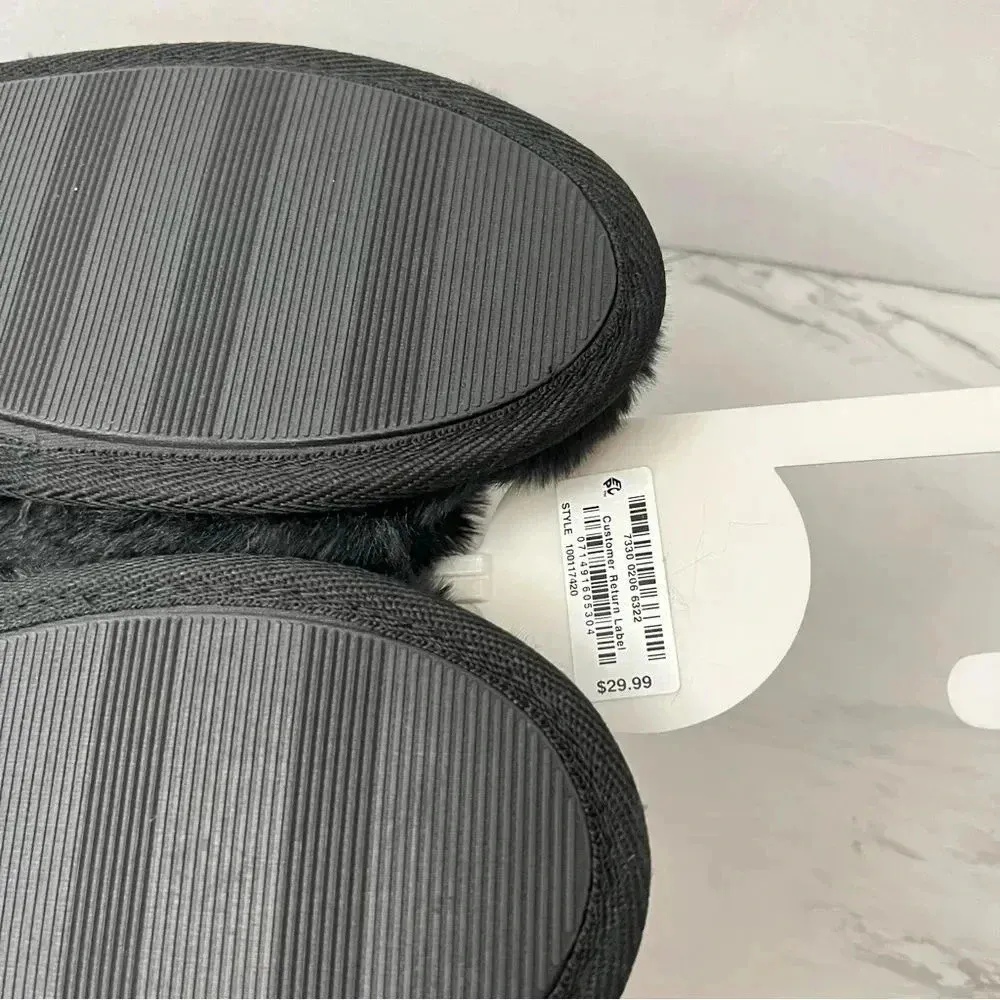 Jenni Slippers Fluffy Slides Plush Faux Fur Size XL 11-12 Black/Pink Heart - Image 6