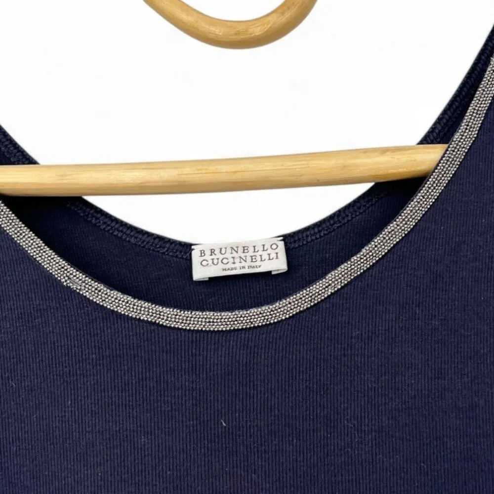 brunello cucinelli L 12-14 Top Blouse Beaded Scoop Neck Sleeveless Tank Black - Image 2