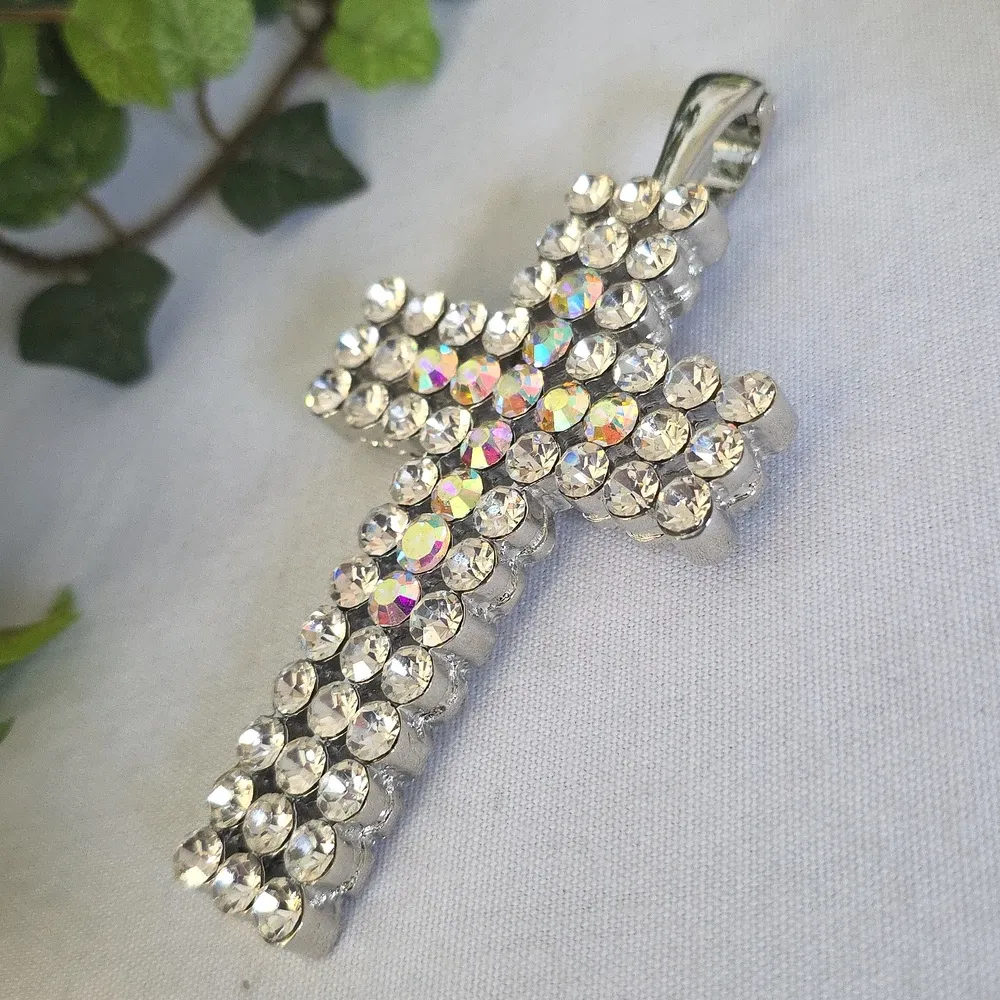 Silver AB Zircon Statement Cross Pendant Magnetic Bail - Image 2