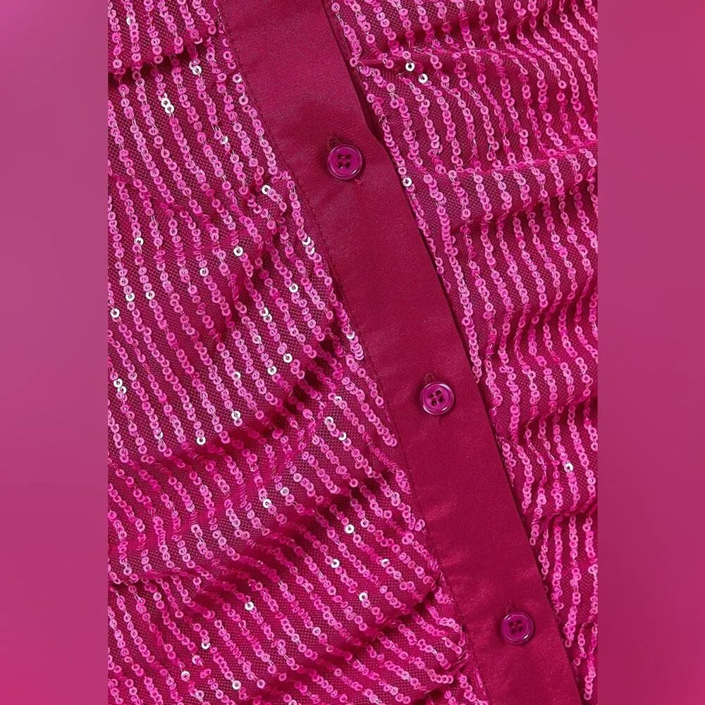 In The Mood For Love Lina Hot Pink Barbie Sequin Ruched Button Up Mini Dress M Size M - Image 3