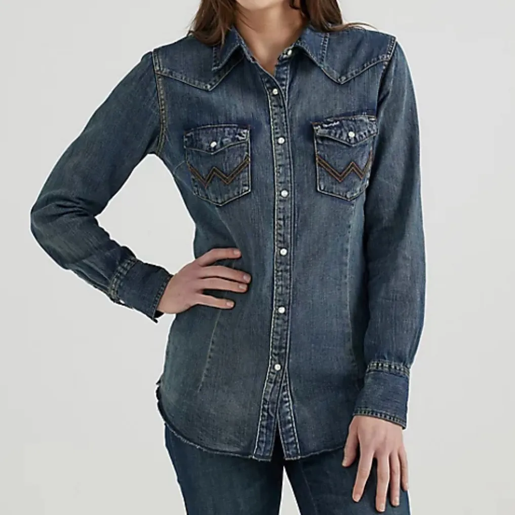 Wrangler Medium Wash Denim Snap Button Up Western Point Yokes Shirt Medium New - Image 12