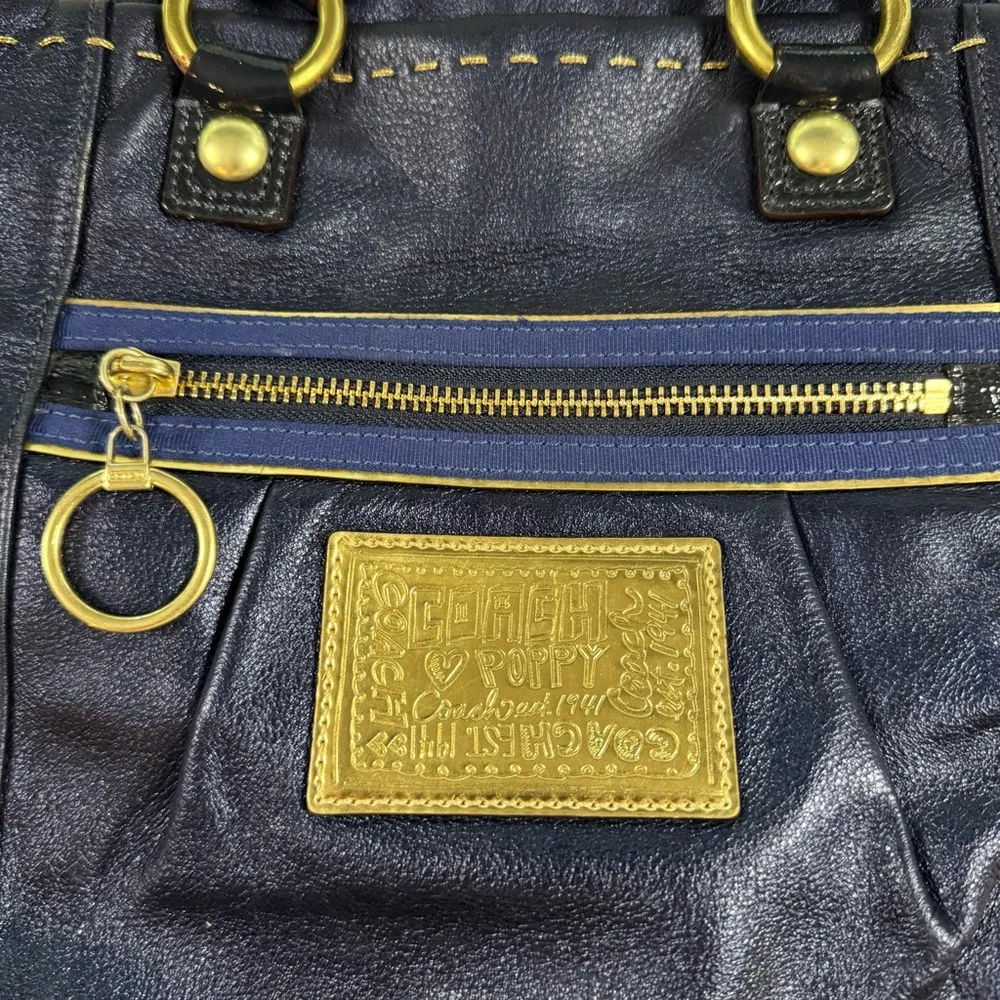 Coach Poppy Sapphire Blue Large Leather Tote Bag Metallic Two Way Gold Accent - Image 2