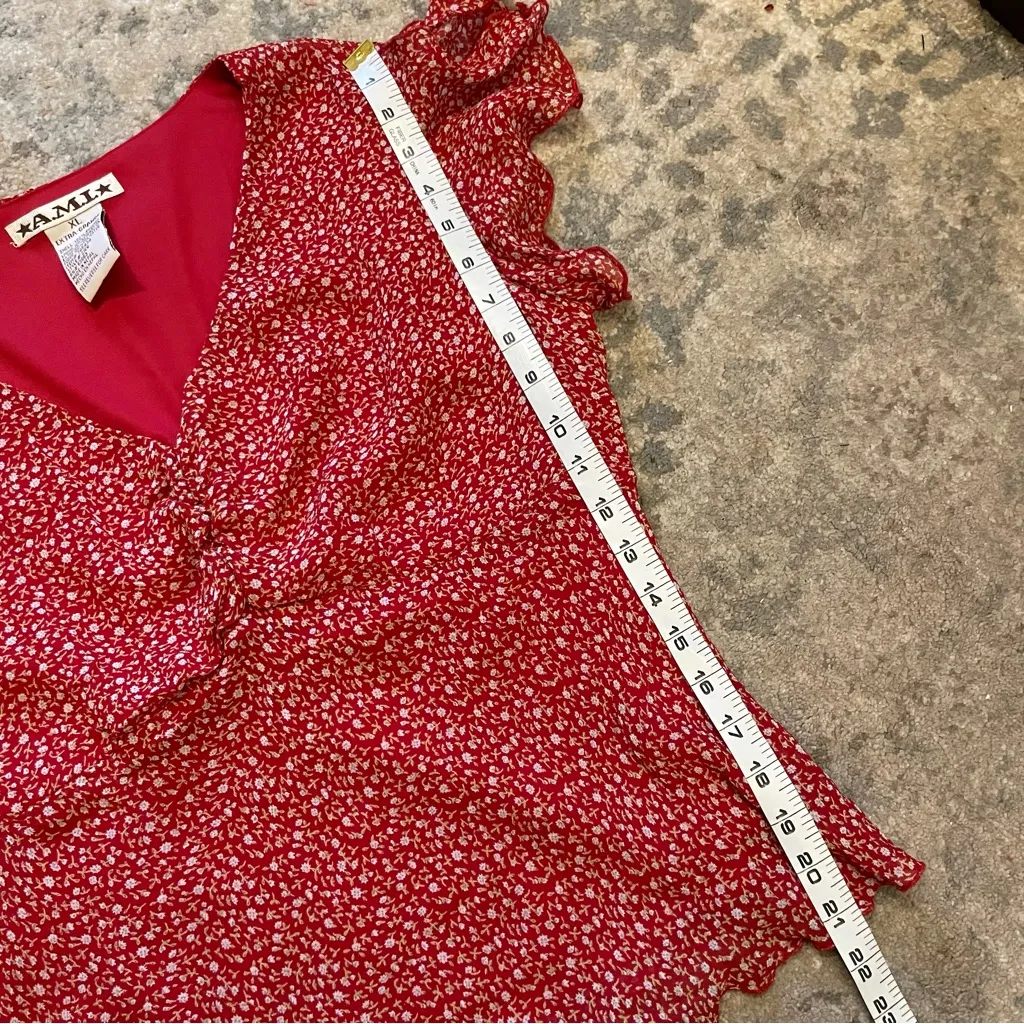 Y2K Vintage AMI Res Ditzy Floral Flouncy Cottagecore Short Sleeve Blouse XL Red - Image 5