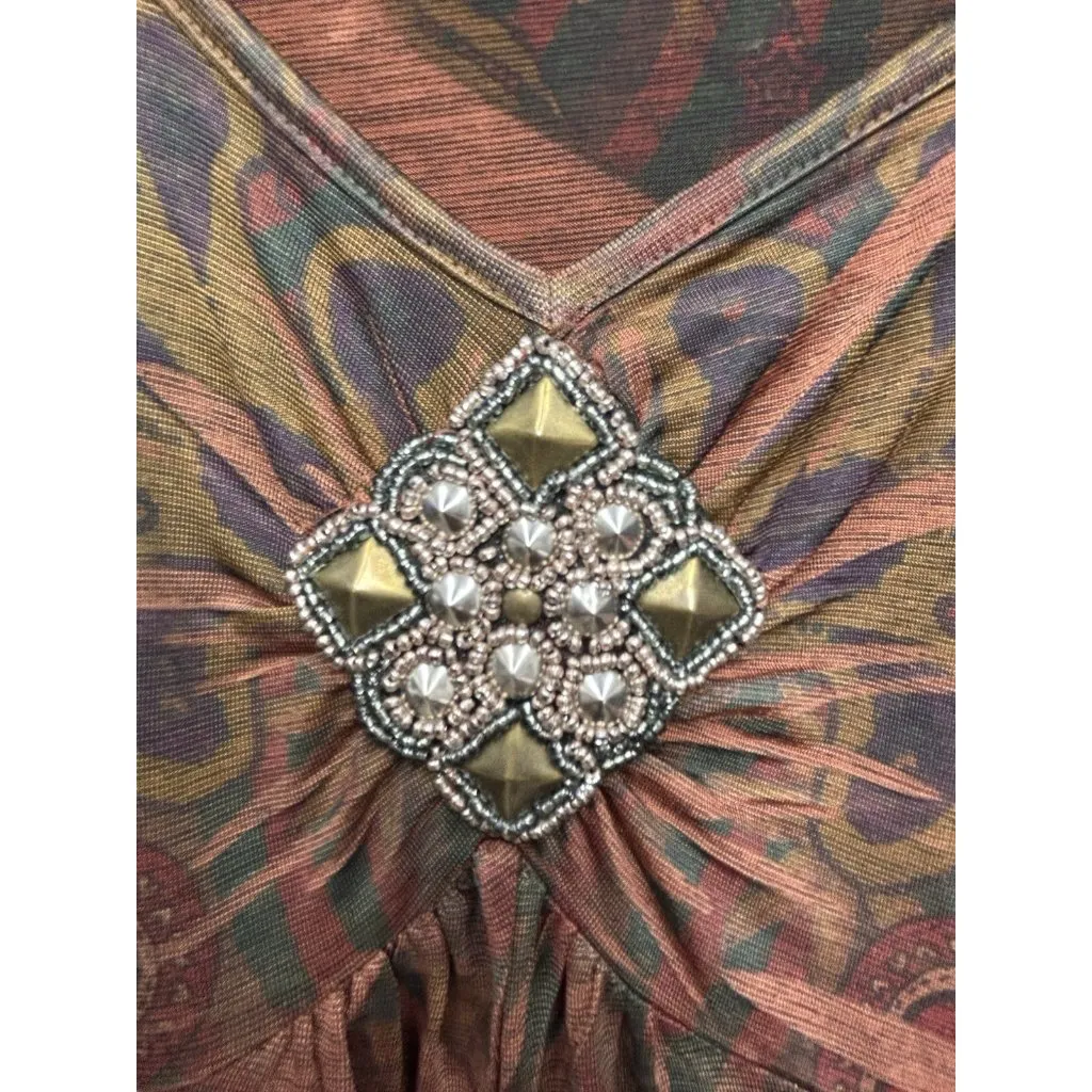 One World Top Small Y2K Babydoll Asymmetrical Hippie Western Gem V Neck Burnout - Image 4