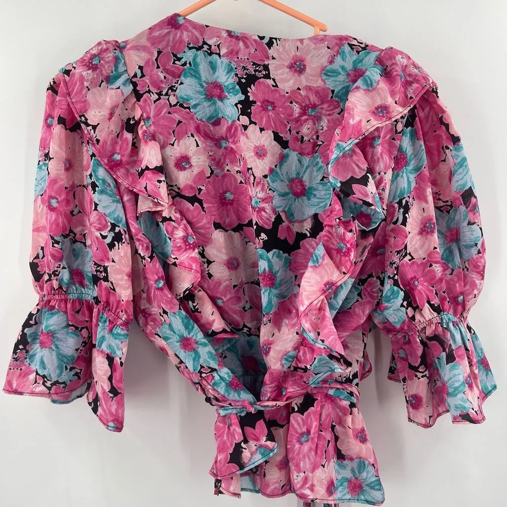 WAYF Blouse Size Small Wrap Floral Pink Puff Sleeve Ruffle Crop Romantic Ties - Image 8