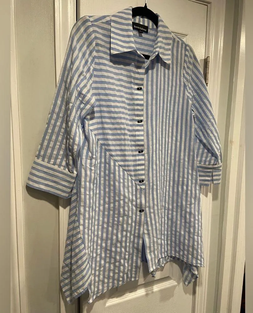 Ronnie Salloway White Blue Stripe Soft Cotton Asymmetrical Tunic Top Size S - Image 3
