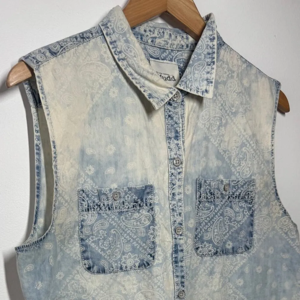 Mudd Top Women XL Blue Chambray Paisley Acid Wash Western Vintage Button Down - Image 3
