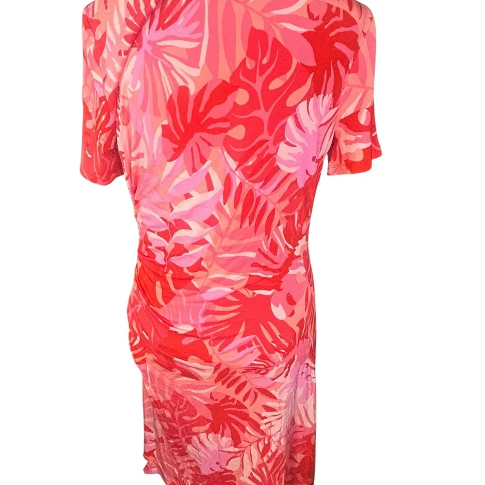 Chicos Tropical-Print Side-Tie Dress Size 1 8/10 Jersey Knit Midi Red Pink - Image 5