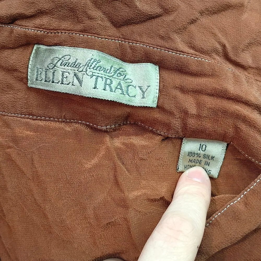 Vintage Linda Allard Ellen Tracy Silk Shirt Brown Silk Shirt Womens 10 - Image 2