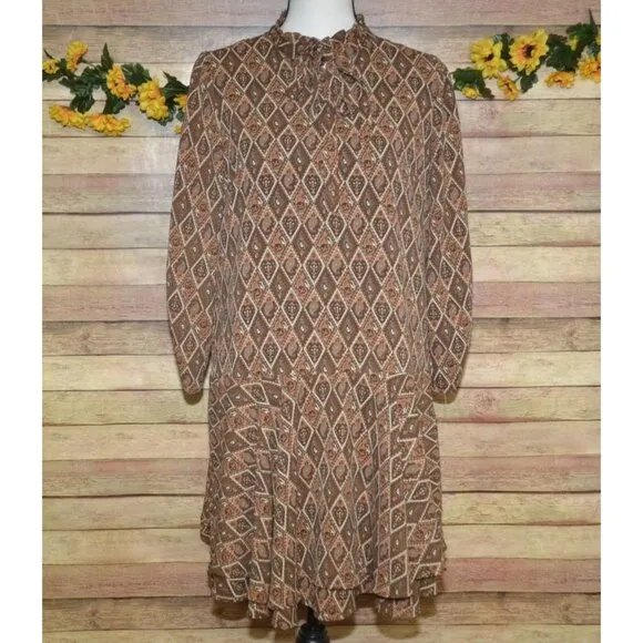 THML Anthropologie Brown Geometric Paisley Print Dress Tie Neck Size M Old Money - Image 2