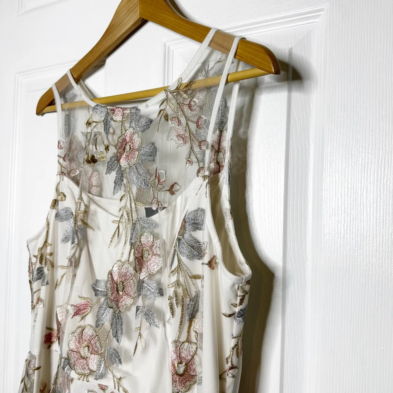 Adrianna Papell Illusion White Floral Embroidered Sheer Overlay Midi Dress US 14 - Image 3