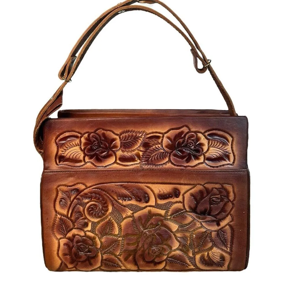 Vtg 70s Purse Leather Hand Tooled Brown Mexican Handbag Roses Floral Embossed - Image 3