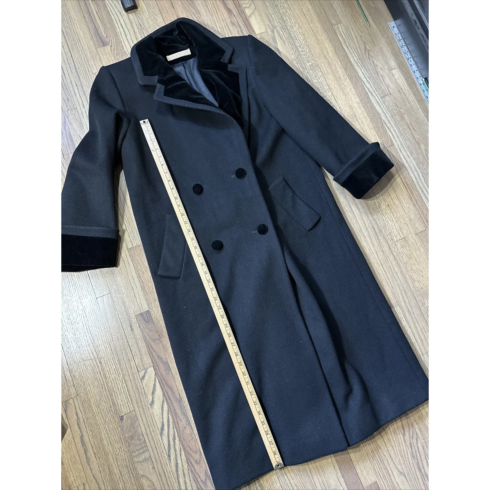 PERRY ELLIS Saks Fifth Avenue Vintage Black Wool Full Length Jacket Trench Coat - Image 14