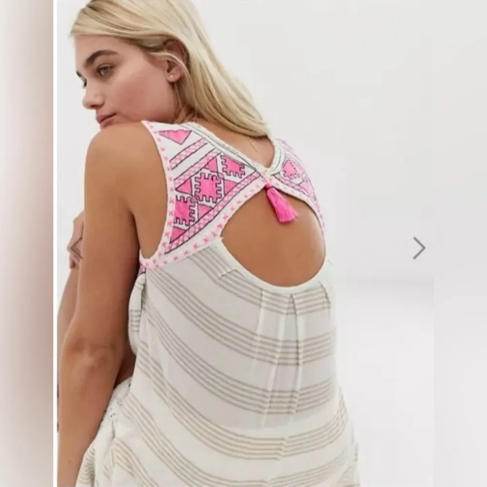 Free People Embroidered Native Sun Long Tunic Dress Slit Pink Striped Size Large - Image 3