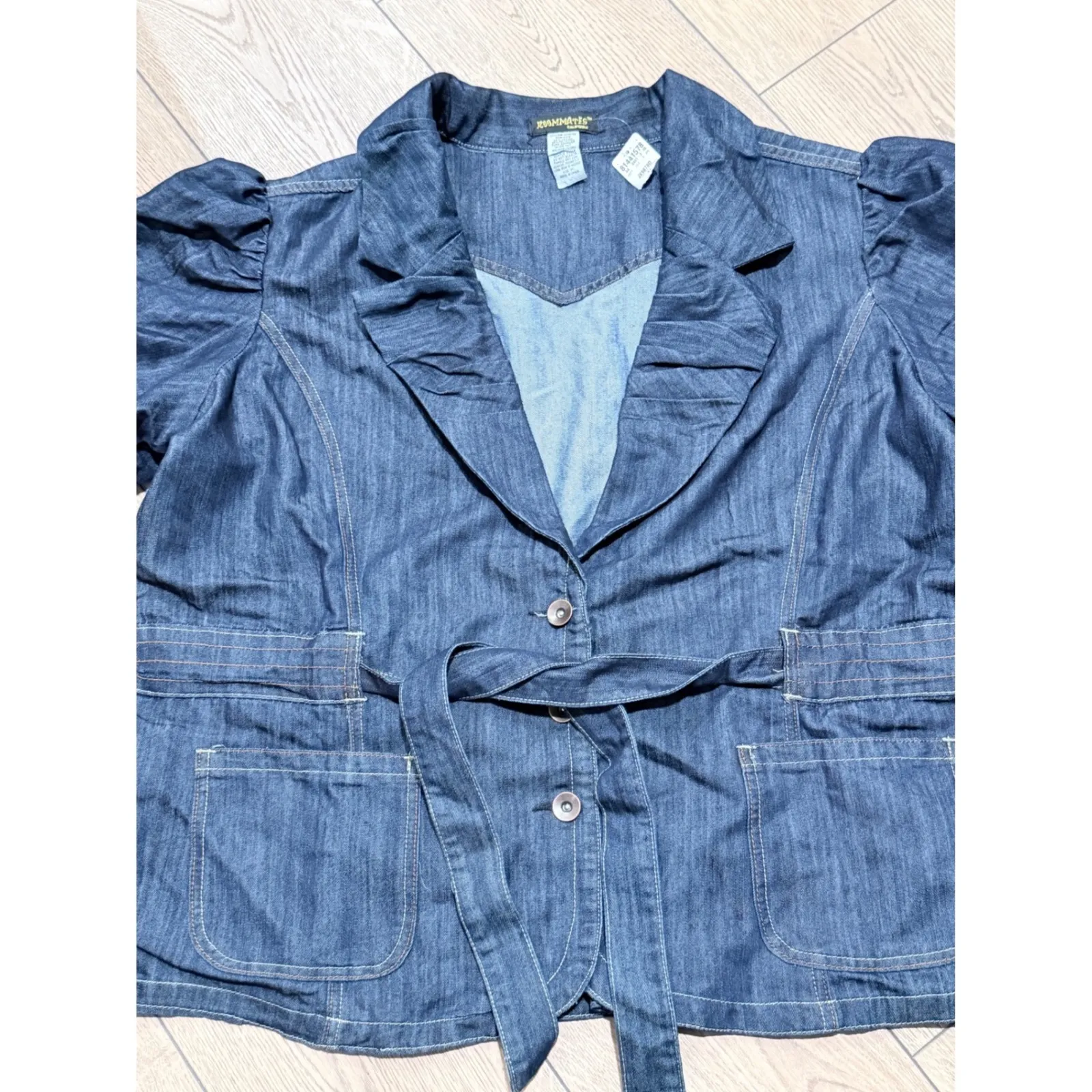 ROOMMATES Denim Jean Jacket Blazer Puff Sleeve Belted Womens Plus Size 3X NEW - Image 2