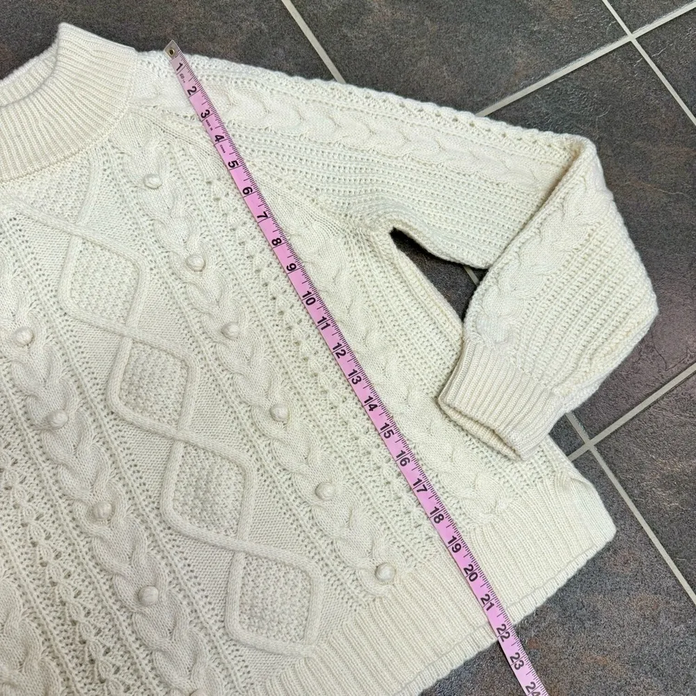 NEW J. Crew Pom-Pom Cable-Knit Pullover Crew Neck Sweater Natural Cream Small - Image 12